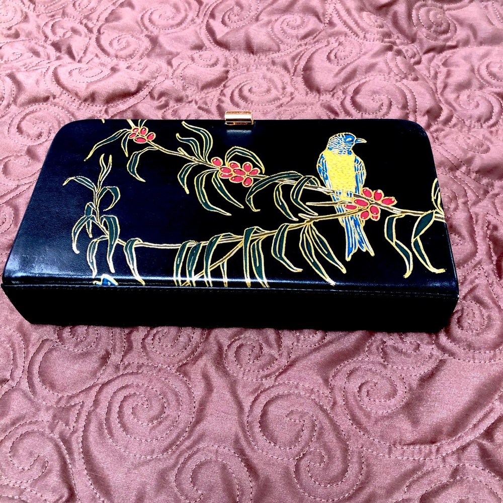 Dries Van Noten Clutch Purse, Black Leather with Painted Bird, New/Never Used